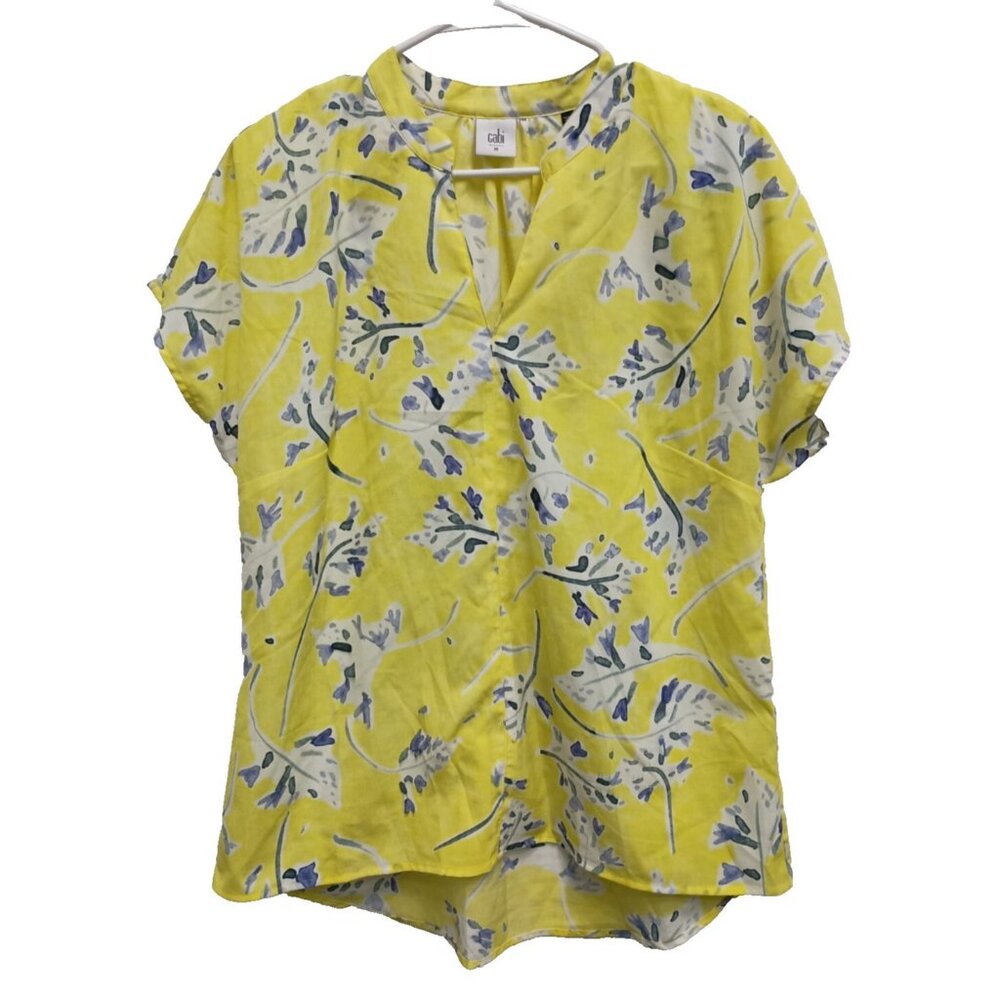 CAbi Womens Sunny Day Blouse Top Medium Bright Yellow Floral Short Sleeve #213